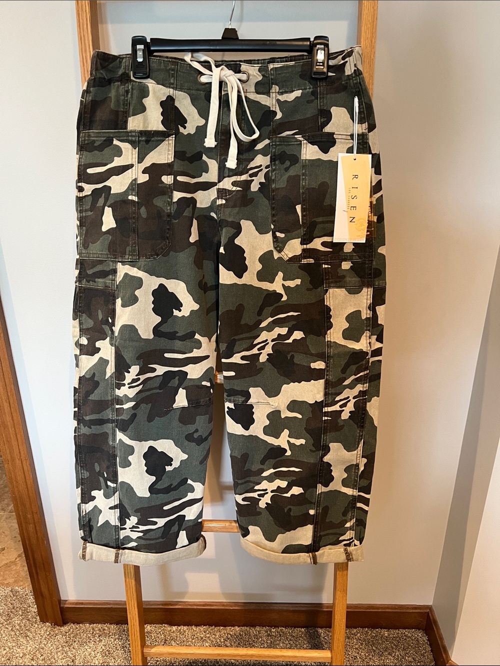 Risen Camouflage Cropped Barrel Jeans- Green Camo